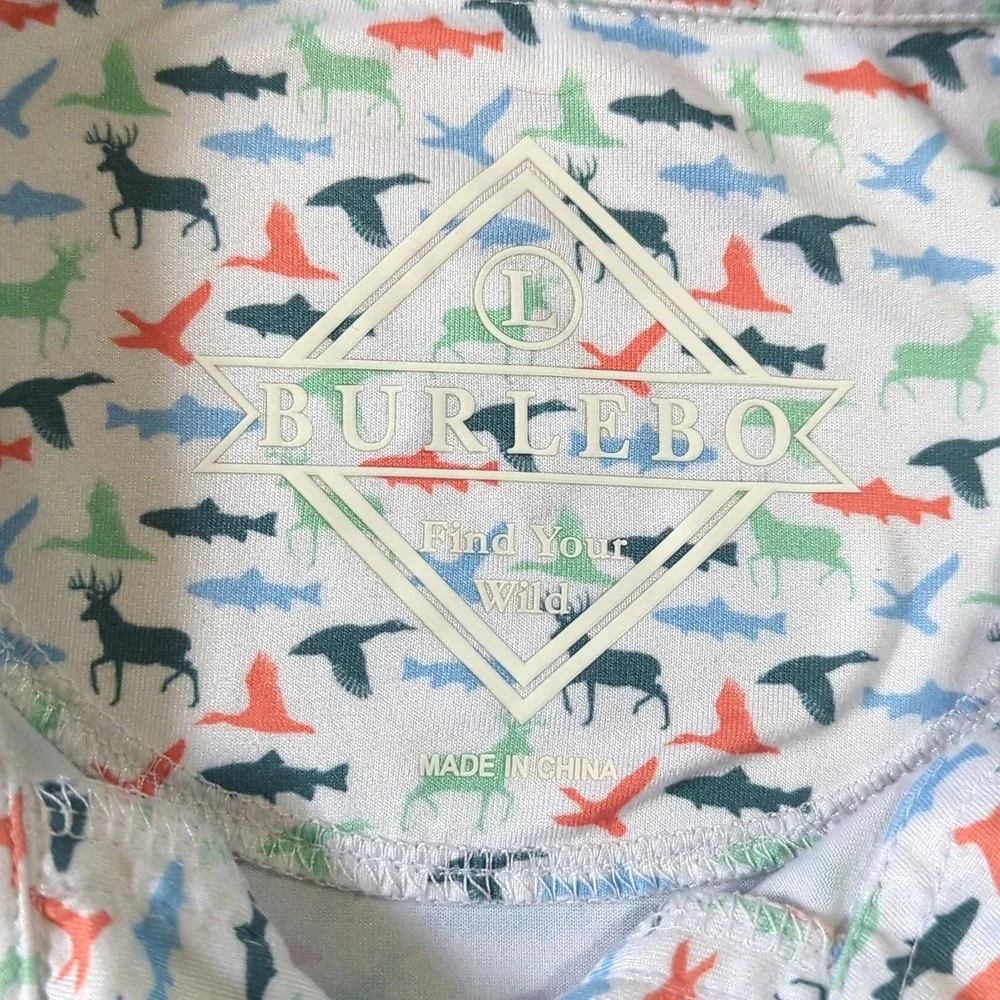 Burlebo Mens Performance Polo Shirt Large Wildlife Deer Duck Fish Print White - Picture 3 of 8